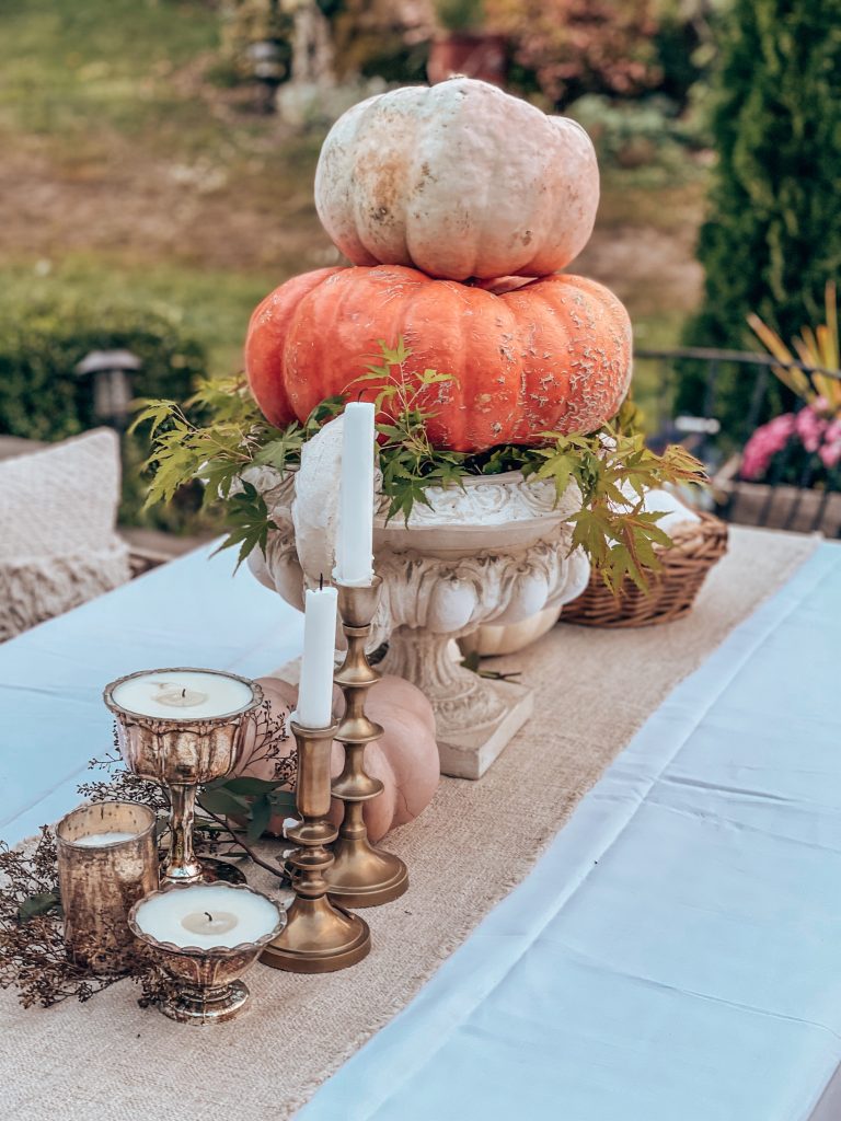 Outdoor Decor Ideas For Fall / Fall Party Tablescape Ideas / Fall Patio Ideas / Fall Pumpkin Centerpiece / How To Decorate For Fall Outside / Autumn Outdoor Decor Ideas / Fall Decor Tablescape / HallstromHome