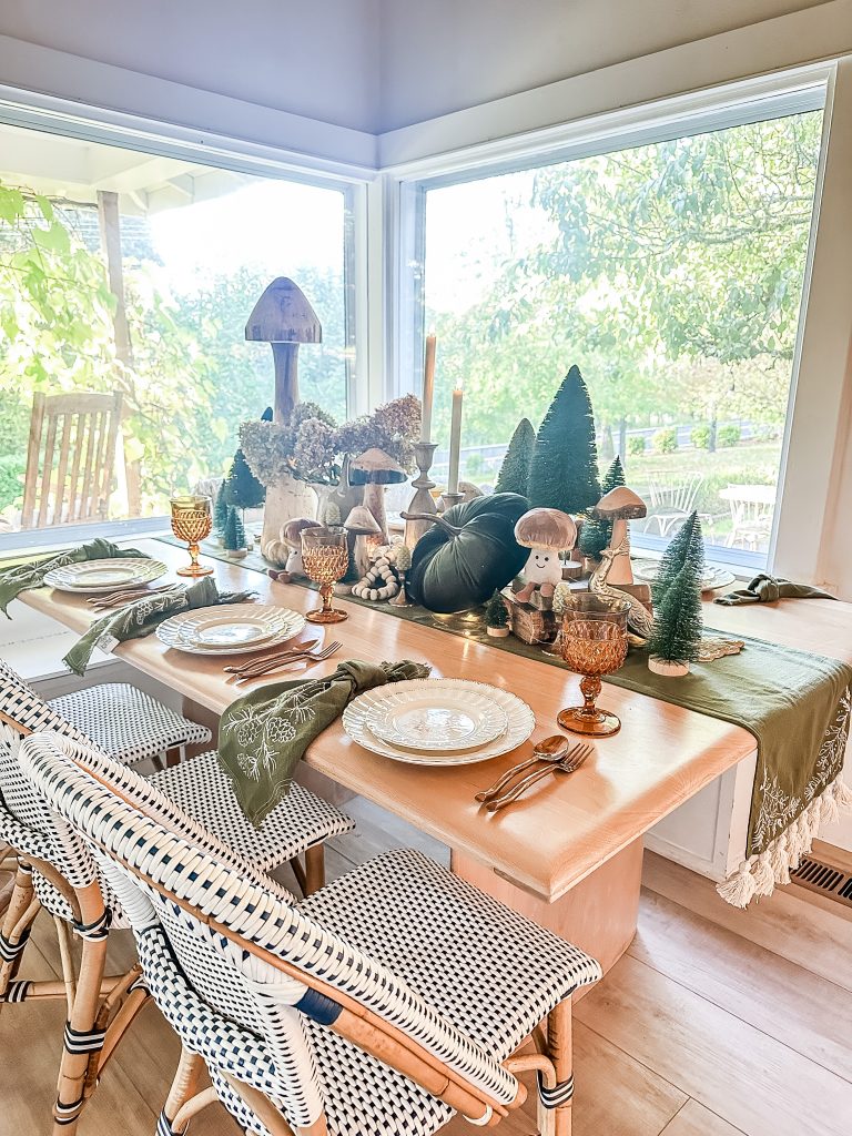 Fall Thanksgiving Tablescape /easy Thanksgiving/fall table/farmhouse table/table setting/ mushroom table decor/hallstromhome