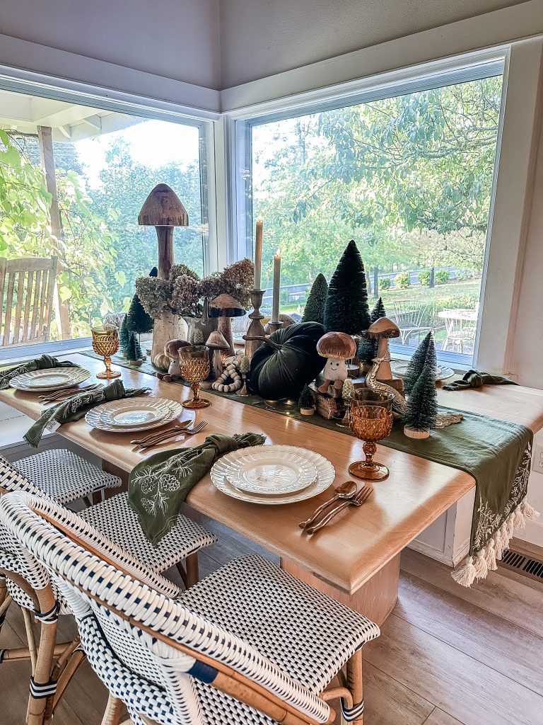 Fall Thanksgiving Tablescape /easy Thanksgiving/fall table/farmhouse table/table setting/ mushroom table decor/hallstromhome