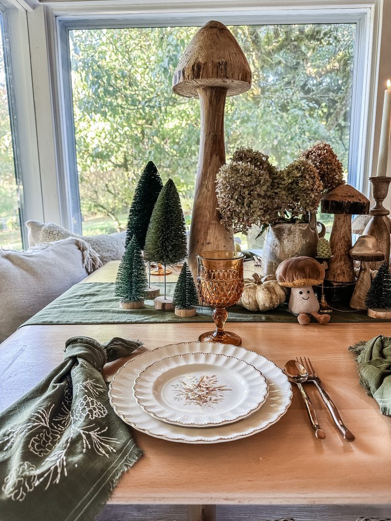 Fall Thanksgiving Tablescape /easy Thanksgiving/fall table/farmhouse table/table setting/ mushroom table decor/hallstromhome